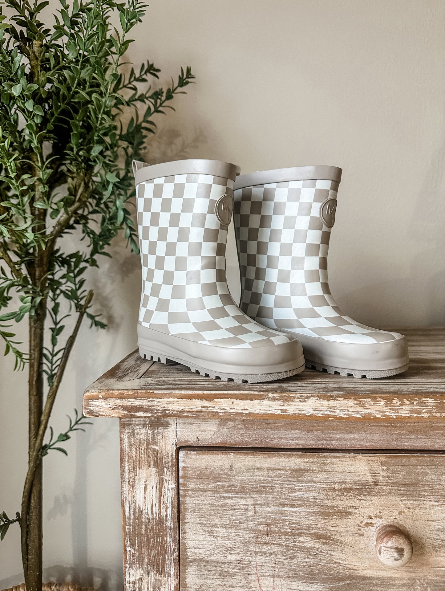 Beige Checkered Rain Boots