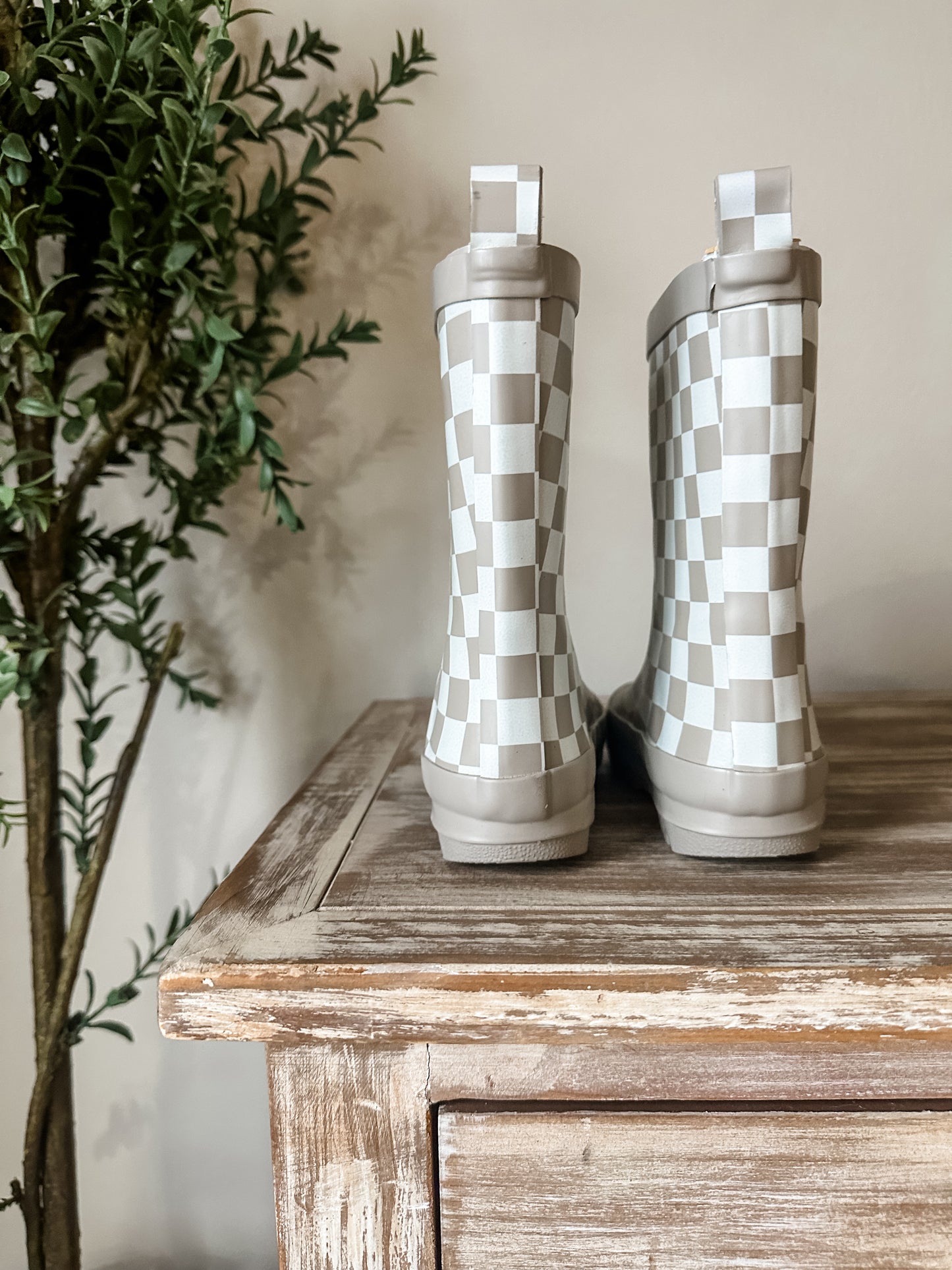 Beige Checkered Rain Boots